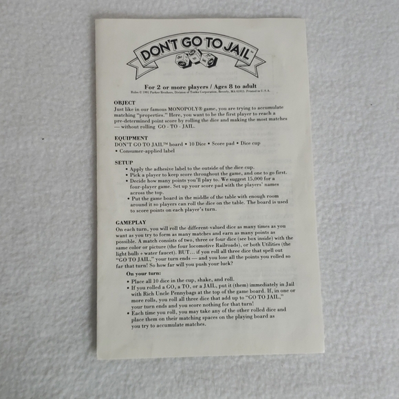 Parker Brothers Games Dont Go To Jail The Monopoly Dice Game 991
